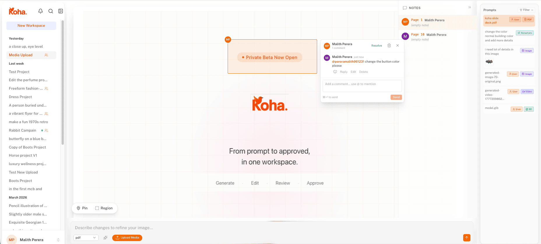 Pin-based review on a multi-page PDF brand guidelines document in Koha