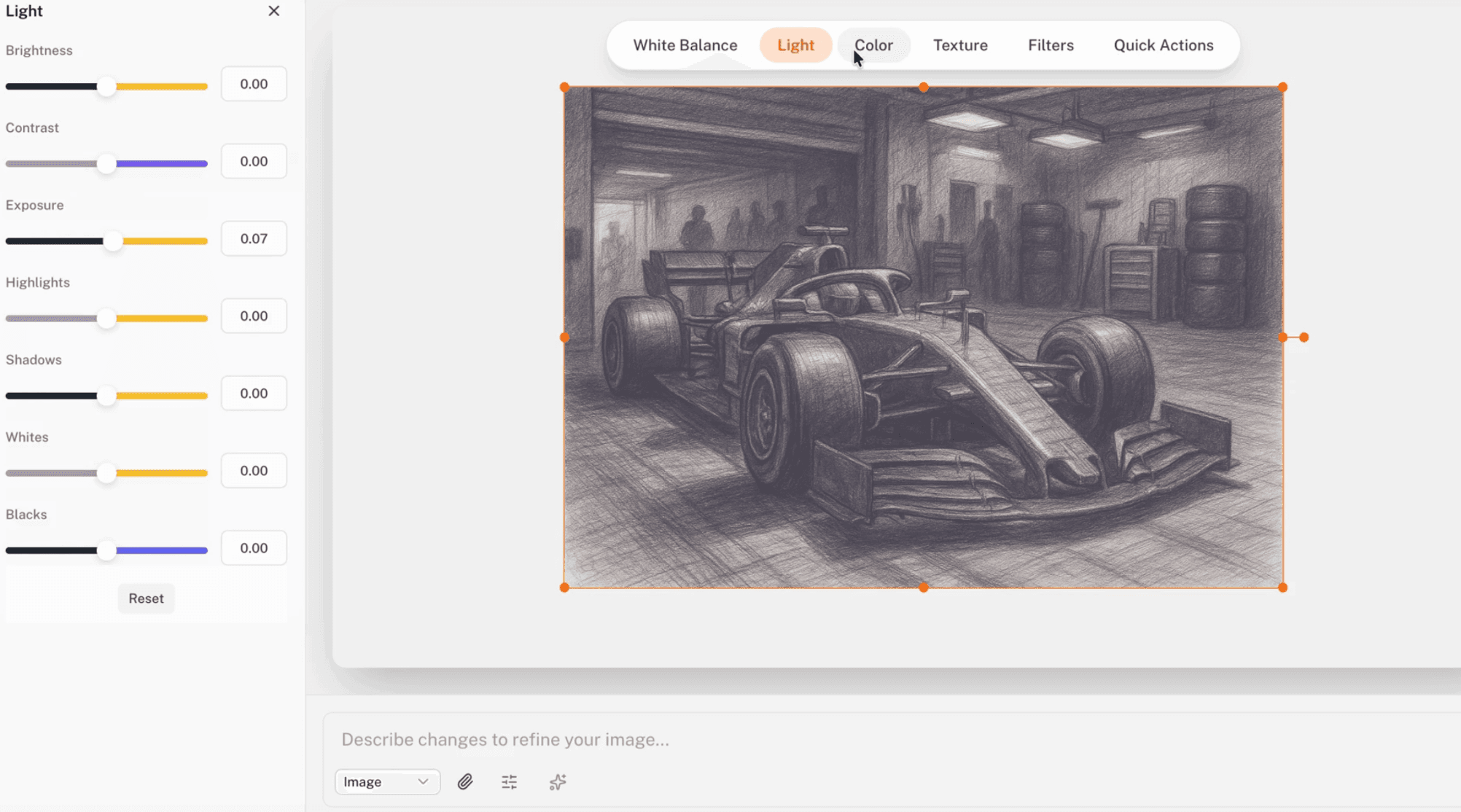 An AI-generated pencil sketch of an F1 car being refined inside Koha's image editing suite