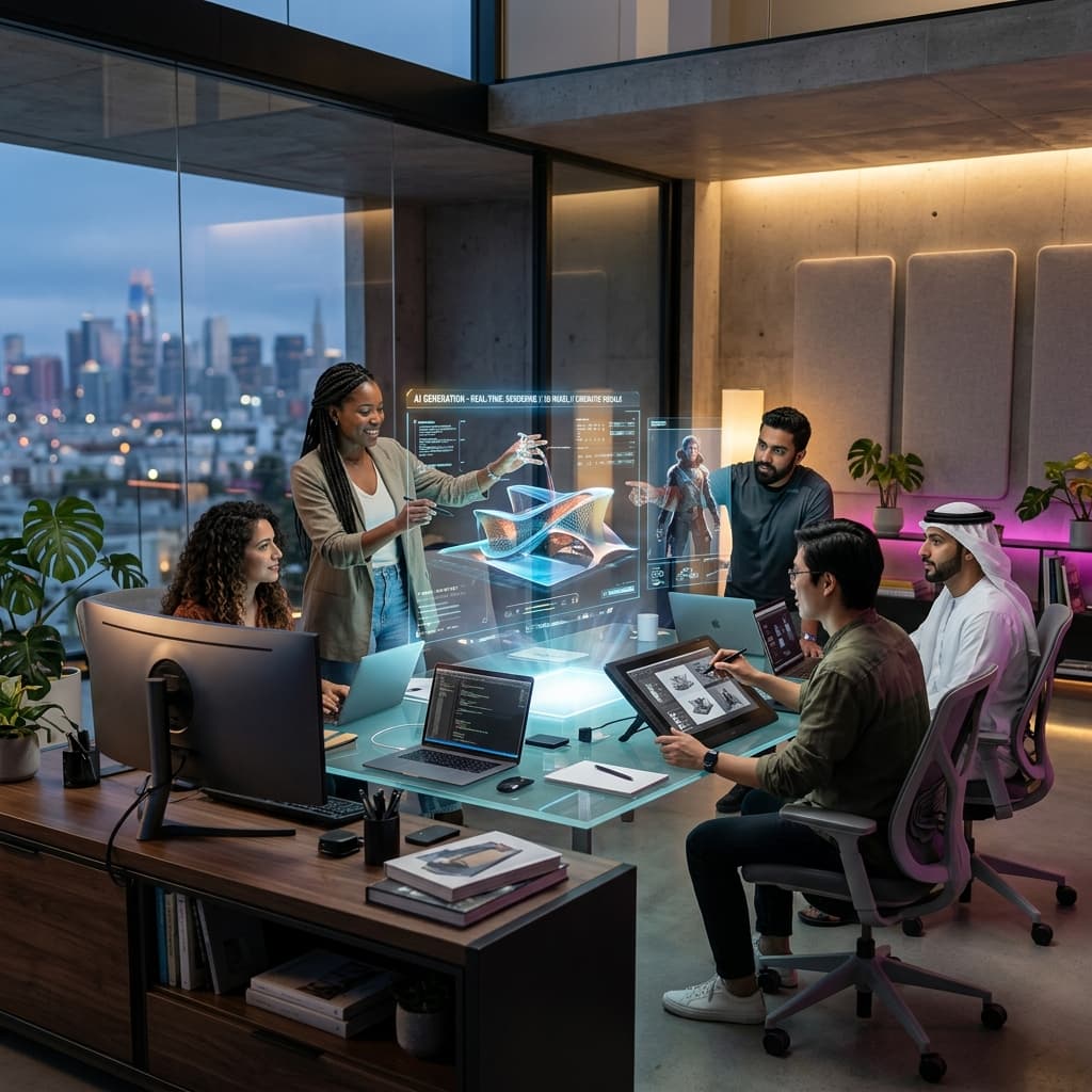 A team of designers collaborating with AI in a futuristic workspace