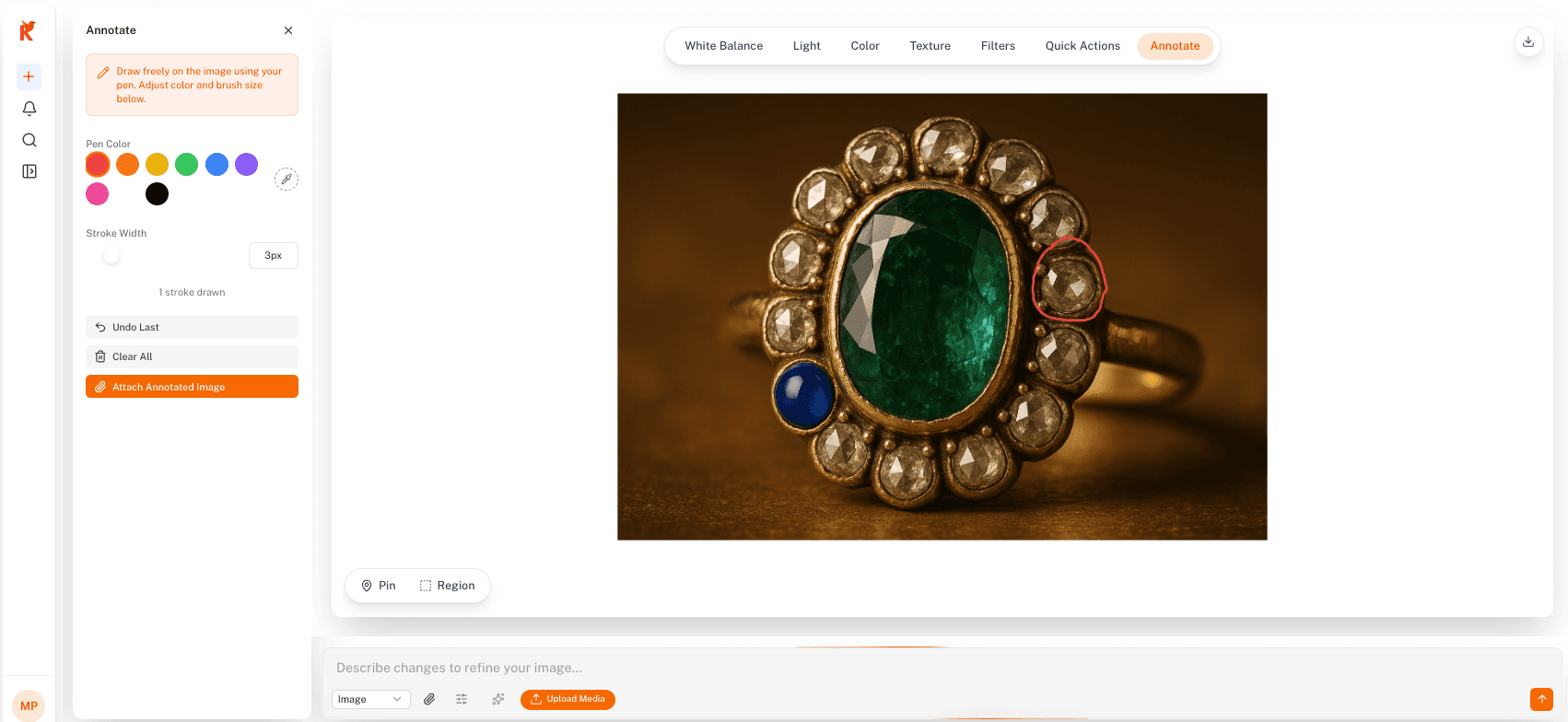 Koha AI creative editor making a localized image change from a quick annotation