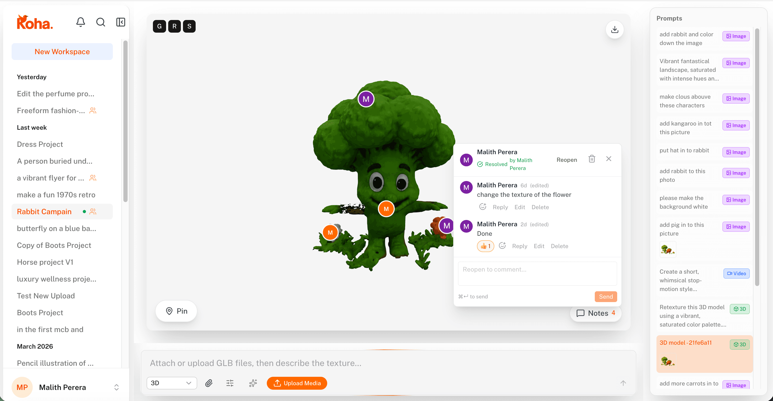 Spatial pins anchored to a 3D model for in-context creative review