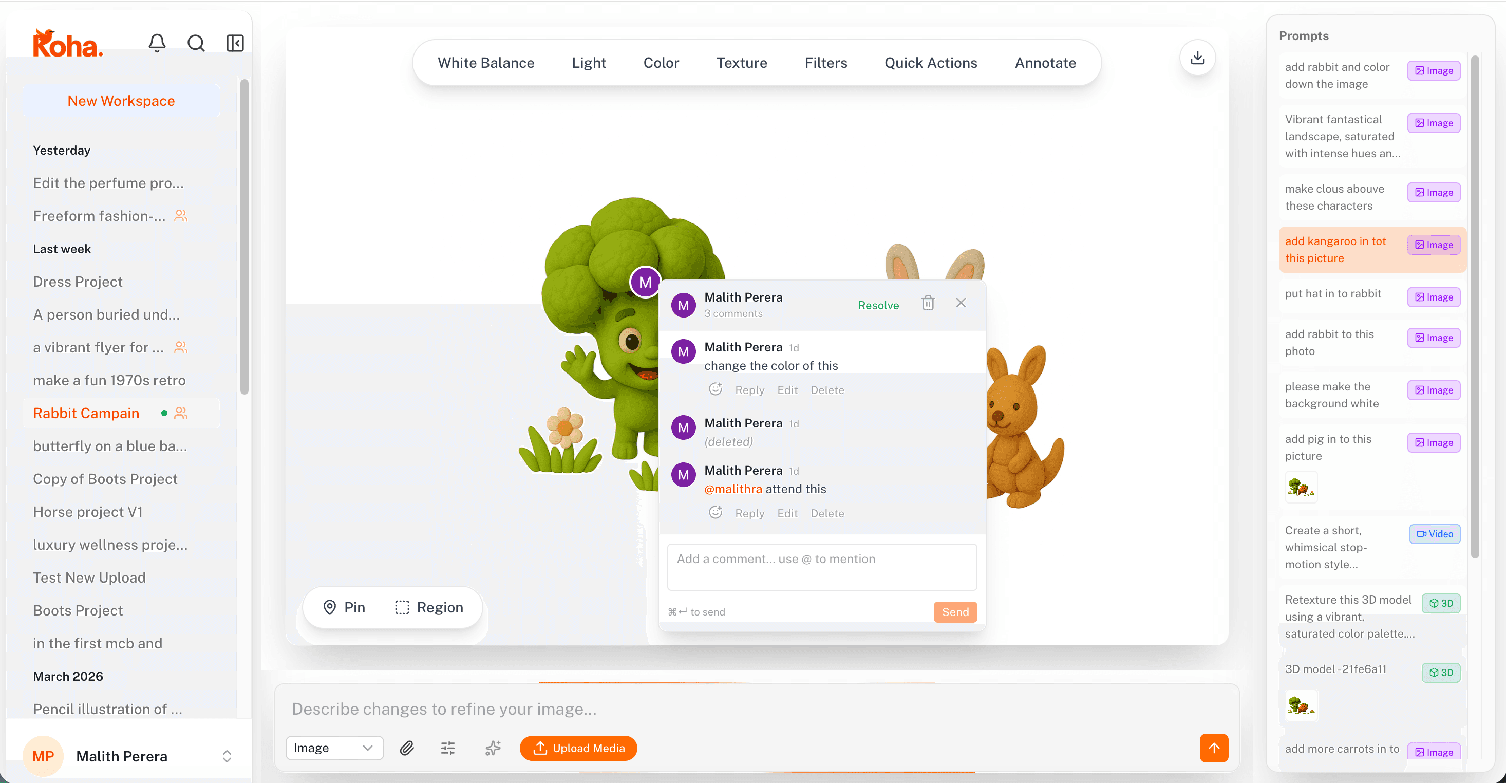 A designer dropping a pin on an image inside the Koha workspace to leave pixel-precise feedback