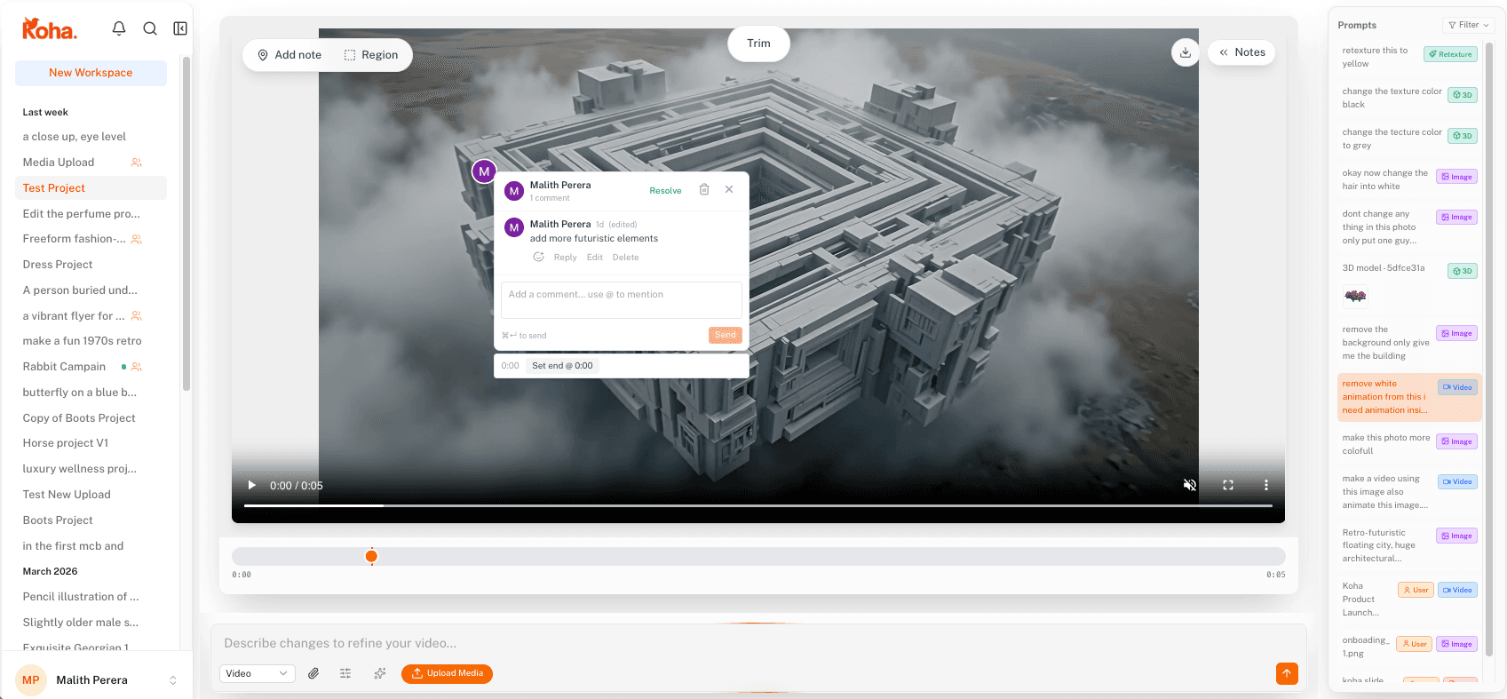 Reviewer leaving a frame-accurate pin on a video inside the Koha workspace, with timestamp and on-screen position locked to the comment